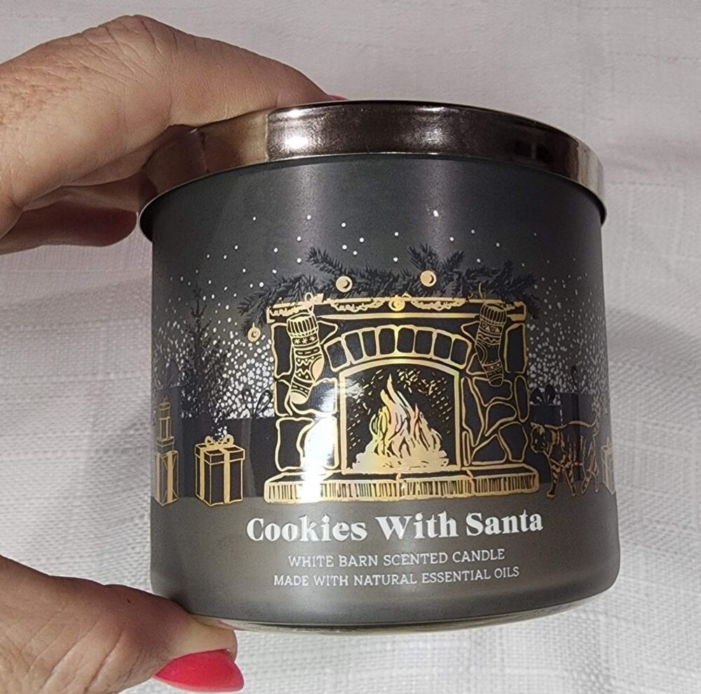 Bath & Body Works Cookies With Santa 3-Wick Candle Retired White Barn Cozy